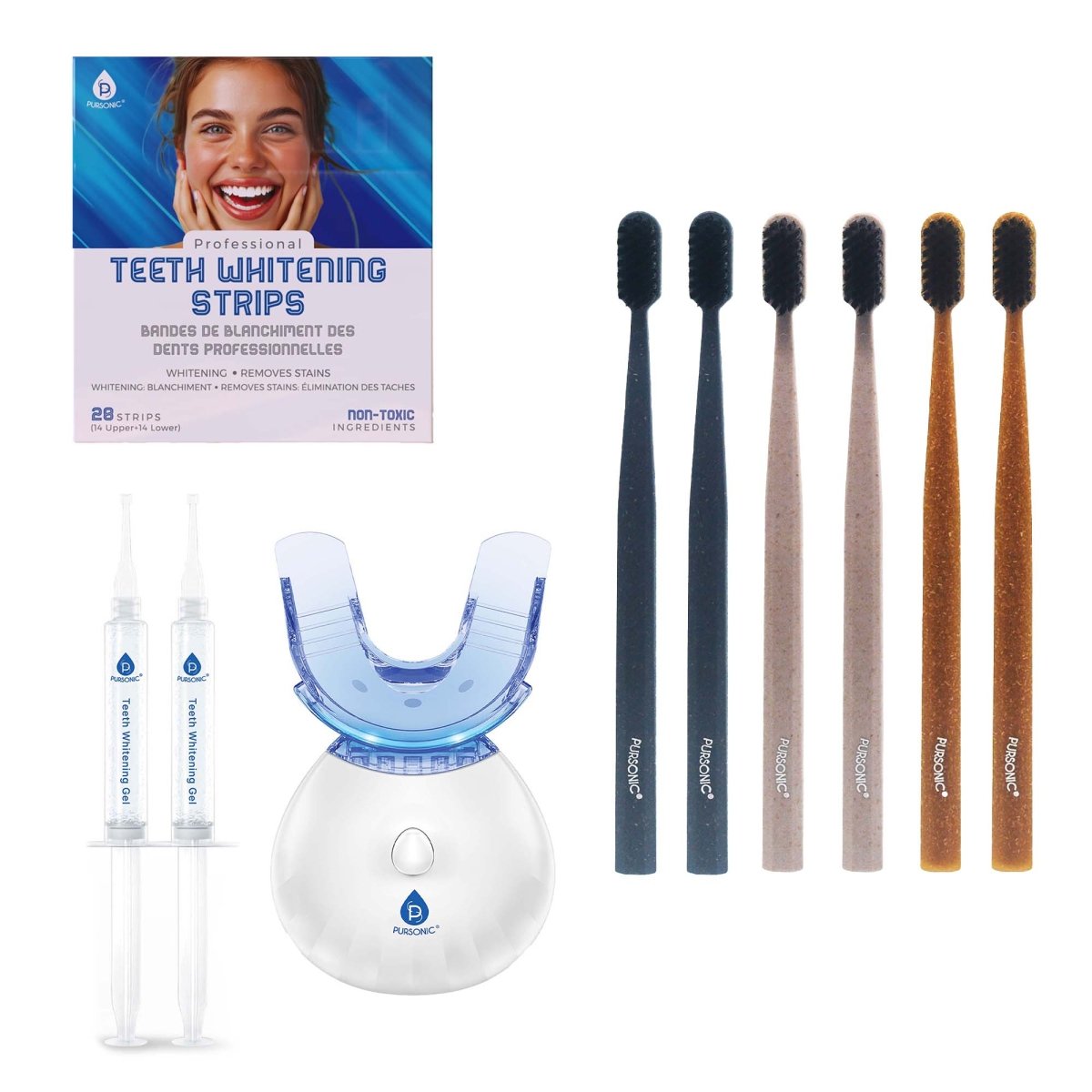 Pursonic LED Teeth Whitening Solution, Whitening Strips & Charcoal Toothbrush BundleOral Care