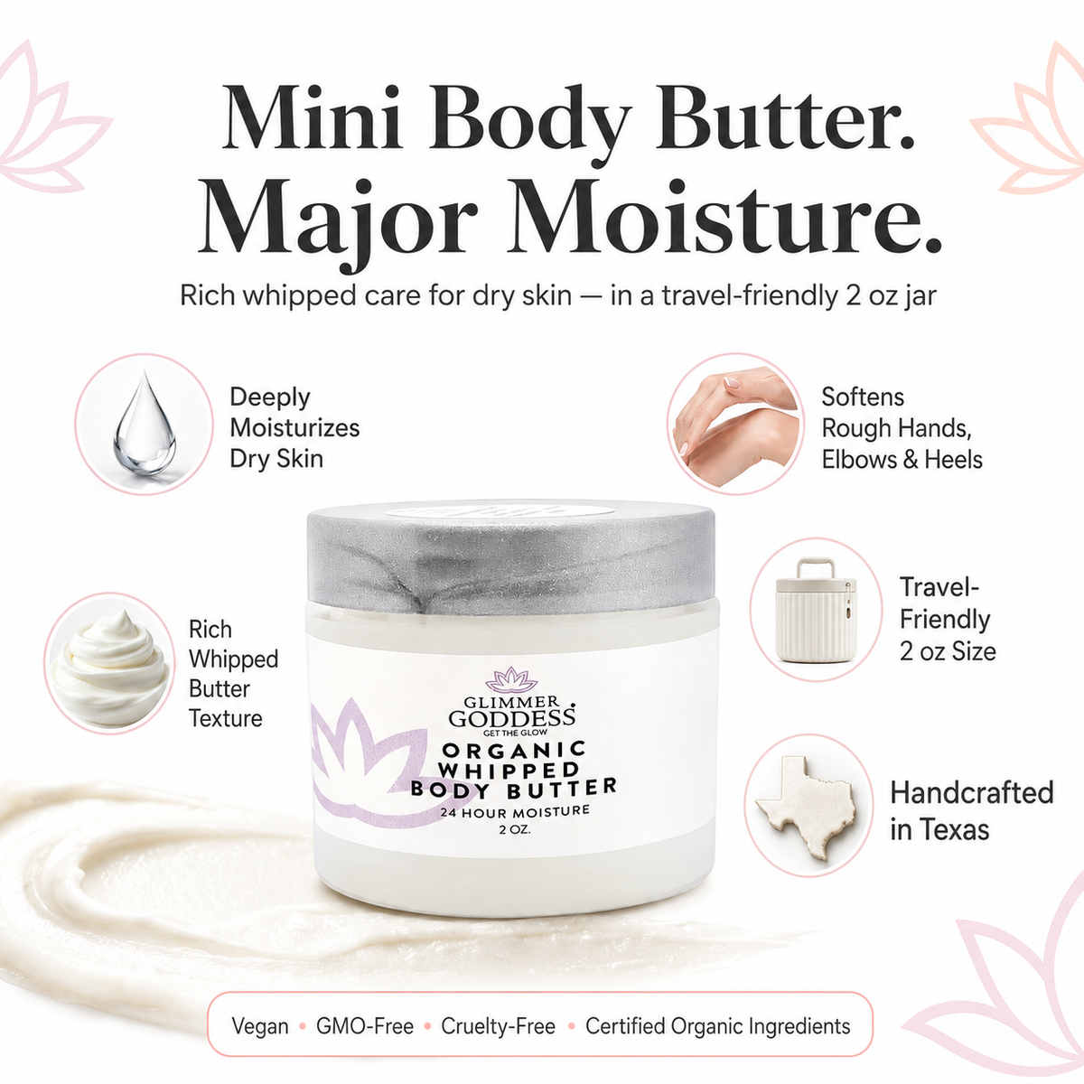 Organic Whipped Body Butter 2 oz – Mini Travel Size for Dry Skin & Eczema