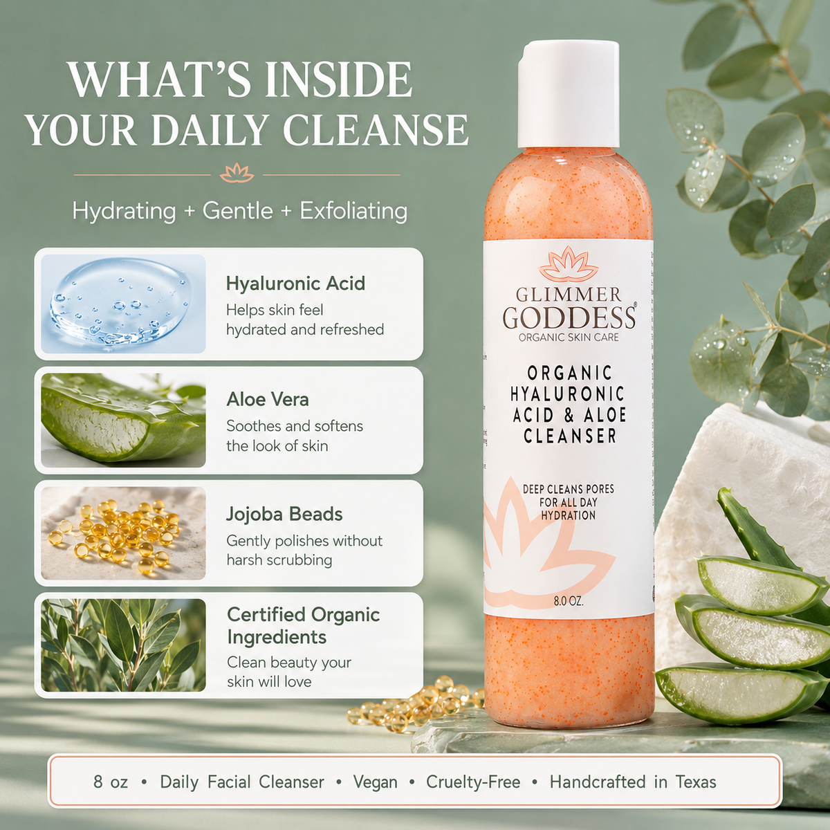 Organic Hydrating Facial Cleanser with Exfoliating Jojoba Beads – 8 oz-3