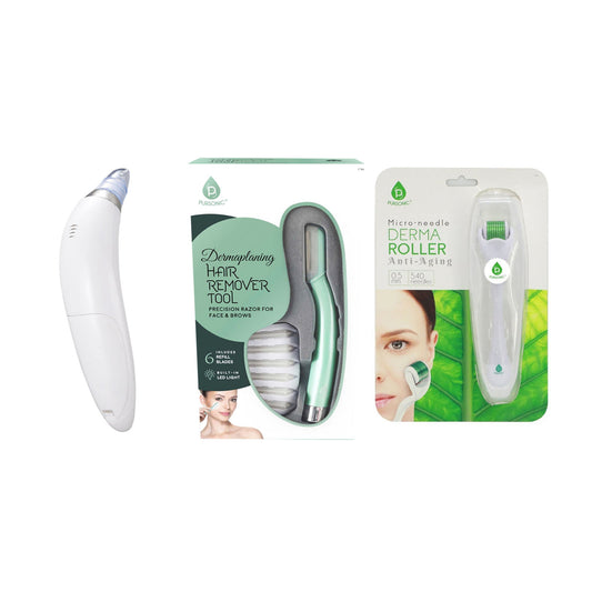 Glow & Clarity Trio: Derma Roller, Precision Dermaplaning Tool, & Pore Vacuum-0