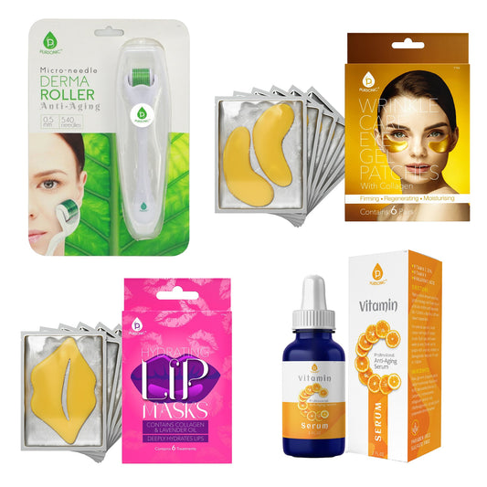 Ultimate Skincare Bundle: Vitamin C Serum (3 fl. oz), Wrinkle Care Eye Gel Patches, Hydrating Lip Masks (Pack of 6), and Micro Needle Derma Roller 0.5 mm-0