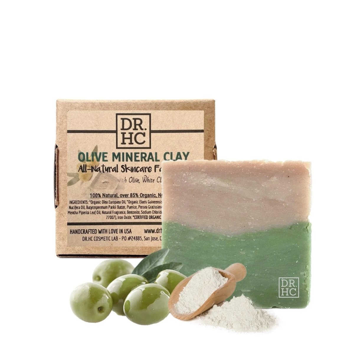 DR.HC All-Natural Skincare Face Soap - Olive Mineral Clay (110g, 3.8oz) (Anti-aging, Anti-acne, Detoxifying, Pore minimizing...)Face Soap Bar