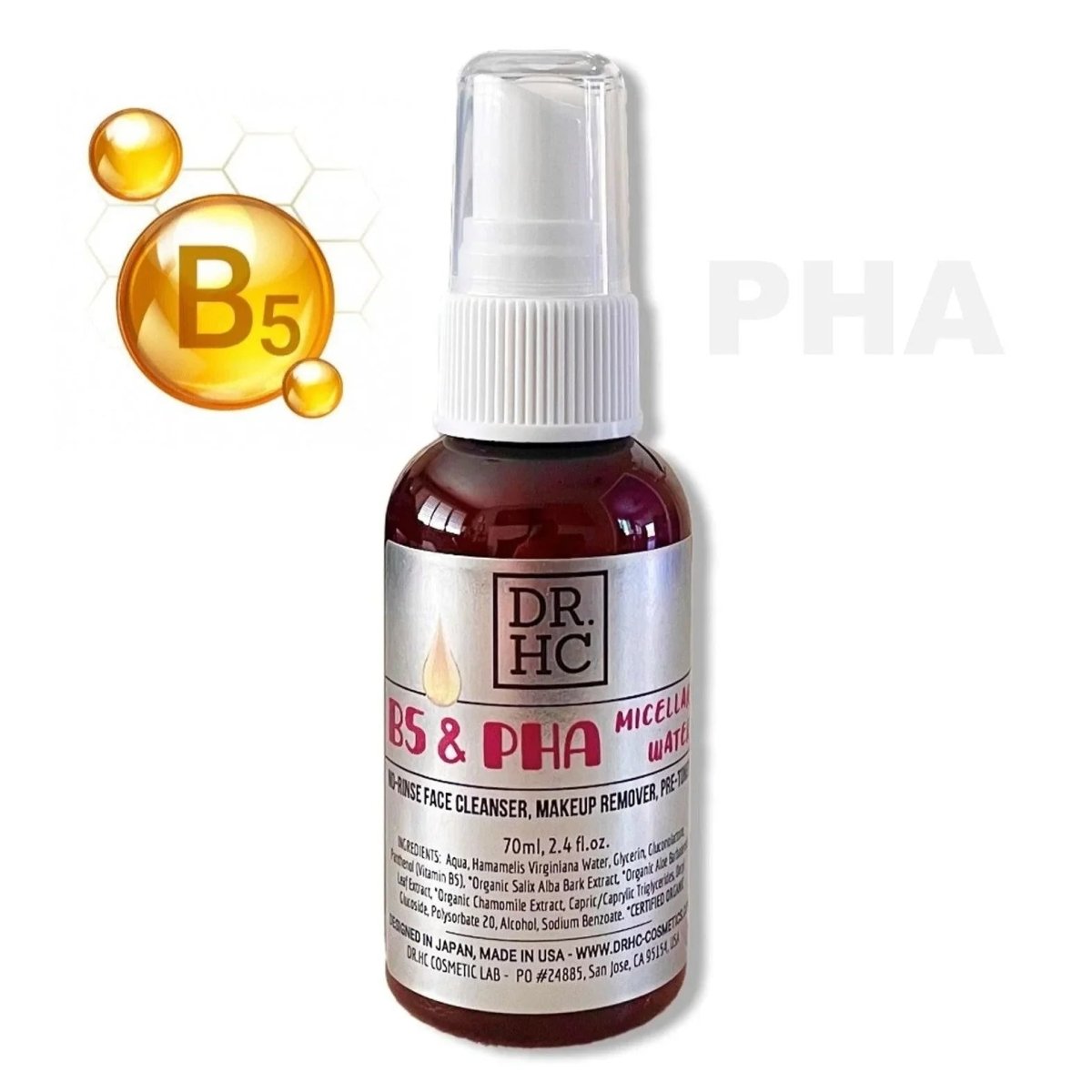 DR.HC B5 & PHA Micellar Water (No-rinse Makeup Remover, Face Cleanser & Pre-Toner) (70ml, 2.4 fl.oz.) (Anti-sebum, Pore clearing, Anti-acne, Anti-aging...)Cleanser Toner