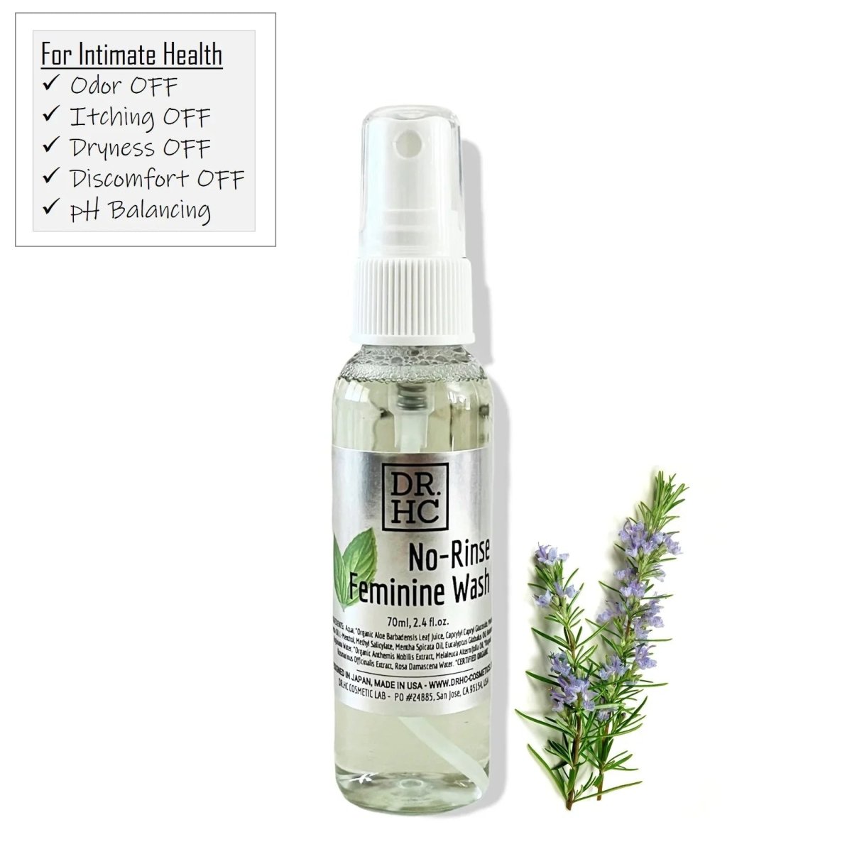 DR.HC No-Rinse Feminine Wash (70ml, 2.4 fl.oz.) (pH Balancing, Deodorant, Hydrating, Anti-itching, Anti-dryness, Anti-inflammatory...)Feminine Hair & Body Wash