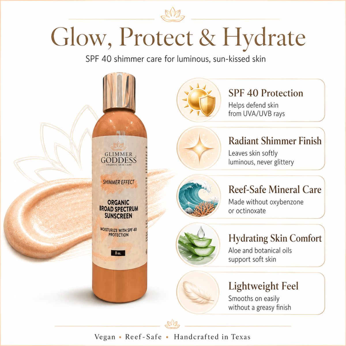 Goddess Glow Shimmer Suntan Lotion SPF 40 – Reef-Safe RadianceLotions & Creams