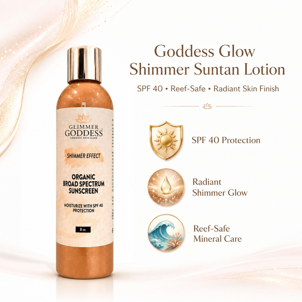 Goddess Glow Shimmer Suntan Lotion SPF 40 – Reef-Safe RadianceLotions & Creams