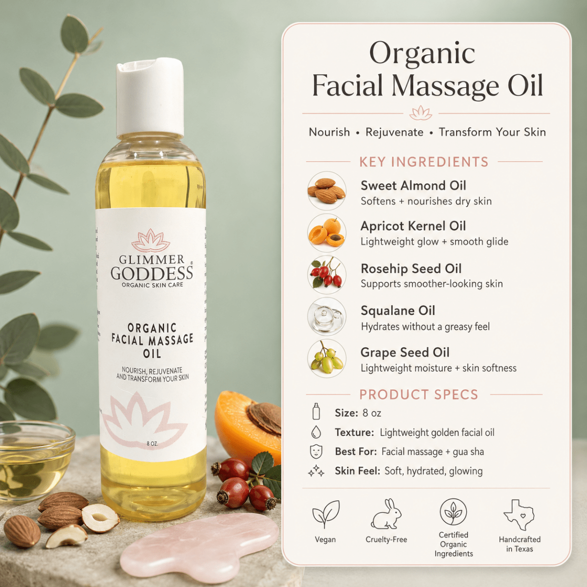 Organic Facial Massage Oil with Sweet Almond, Rosehip & Squalane – Anti-Aging Face OilMoisturizers