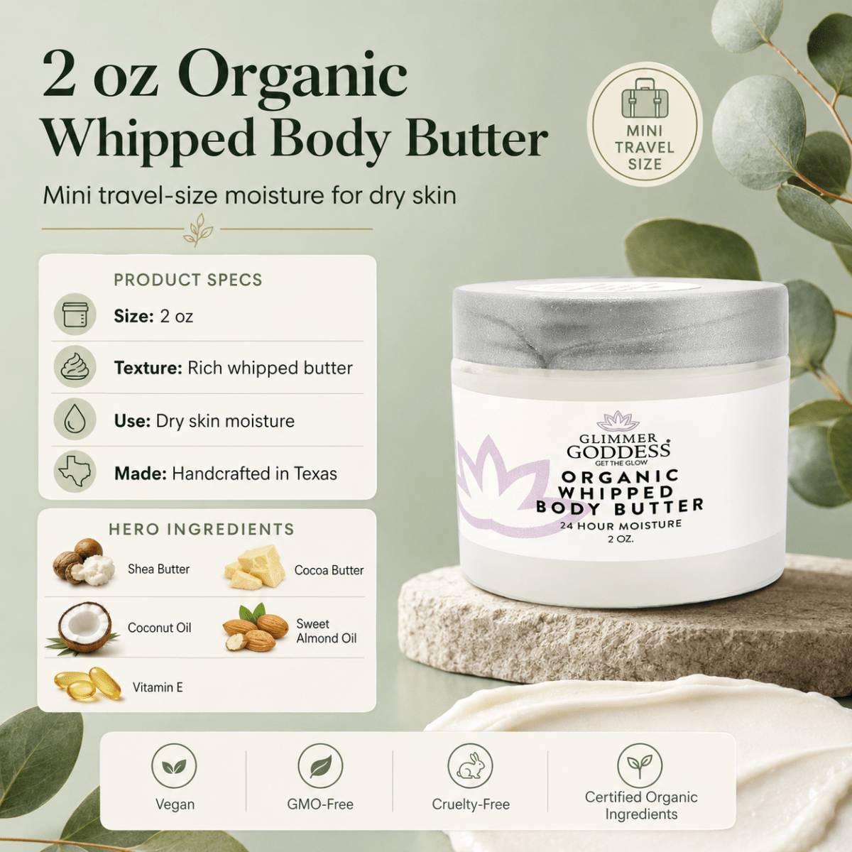 Organic Whipped Body Butter 2 oz – Mini Travel Size for Dry Skin & EczemaLotions & Creams