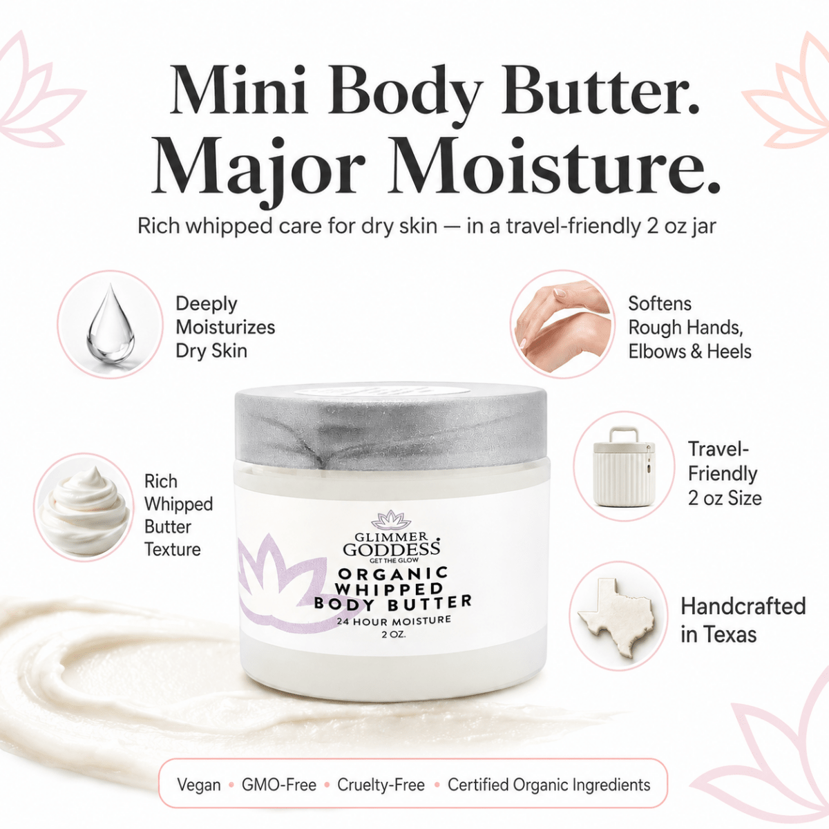 Organic Whipped Body Butter 2 oz – Mini Travel Size for Dry Skin & EczemaLotions & Creams