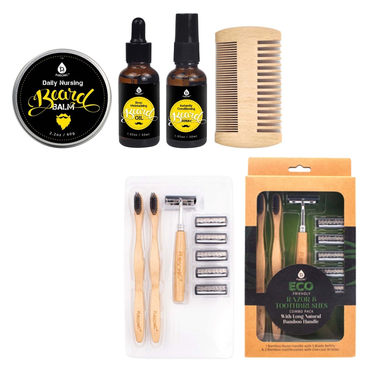 Pursonic Beard Care Grooming Kit & Eco Friendly Razor + Toothbrushes Combo PackBeauty & Personal Care