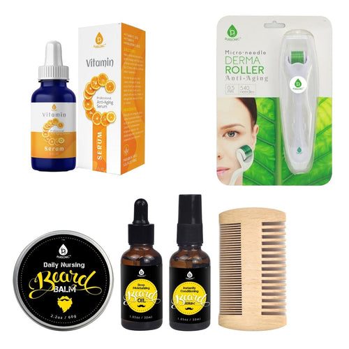 Pursonic Beard Care Grooming Kit, Micro Needle Derma Roller 0.5 mm, and Vitamin C Serum (3 fl. oz) Gift Bundleshaving